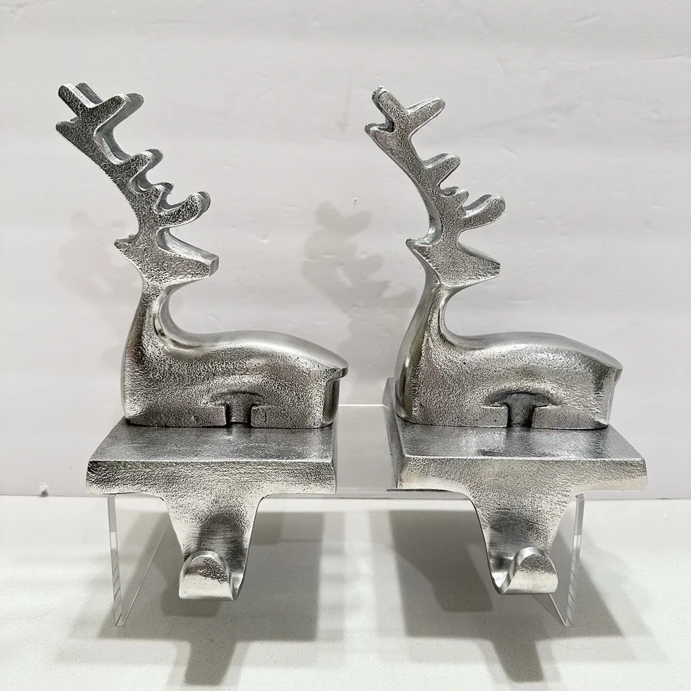 Crate Barrel Reindeer Brushed Matte Silver Stocking Hanger Holder Hooks SET of 2